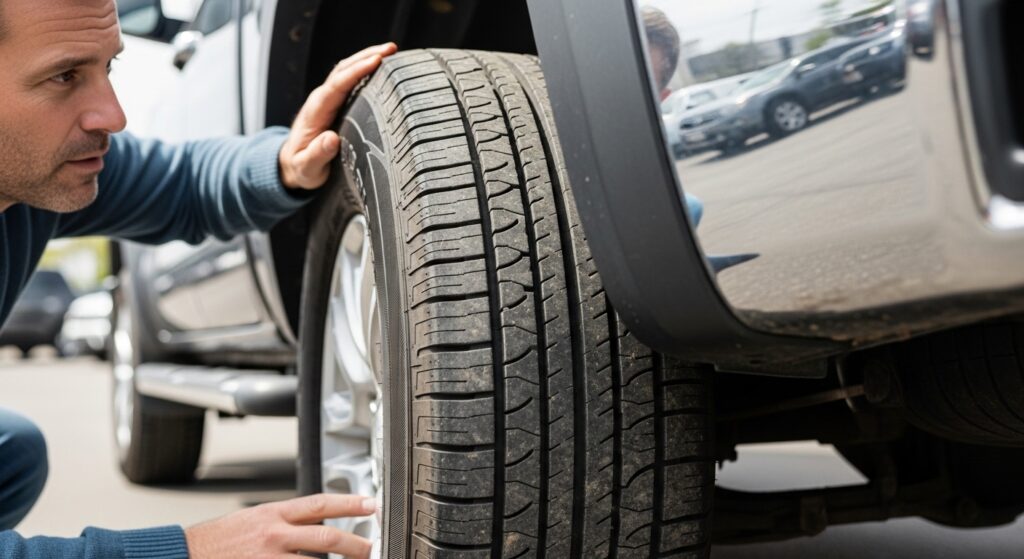 Buyer inspecting condition before comparing used truck prices