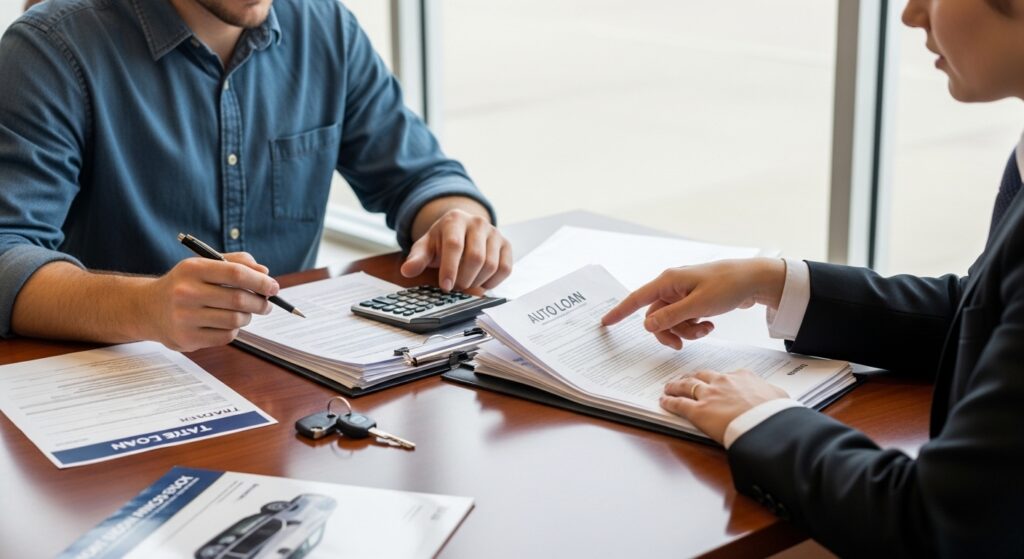 Trade-in estimate and auto loan paperwork for negative equity
