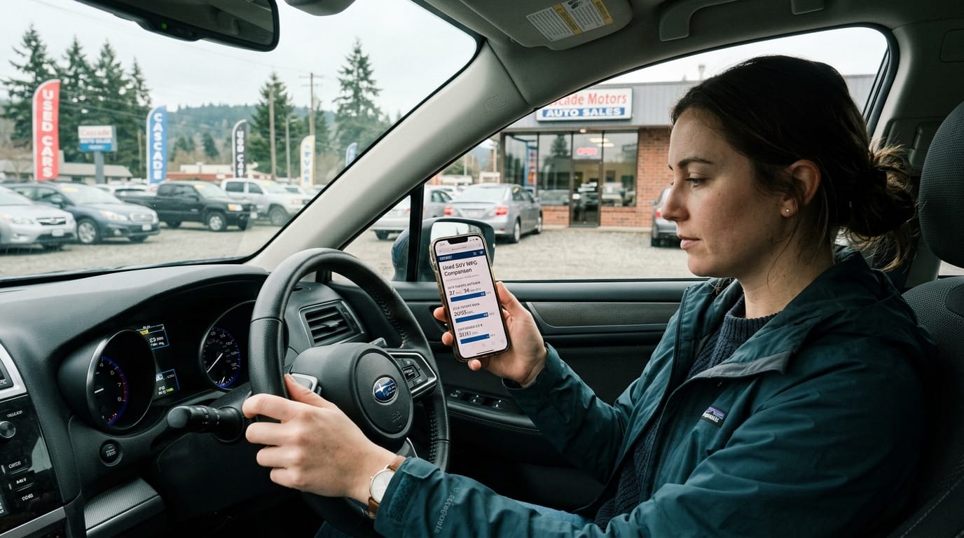 Buyer comparing MPG and fuel costs before choosing a used SUV in Puyallup