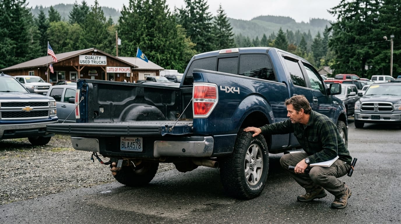 Buyer inspecting towing hitch and truck bed before buying a used pickup in Puyallup