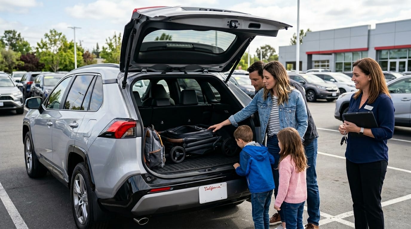 Family comparing a used plug-in hybrid SUV before buying