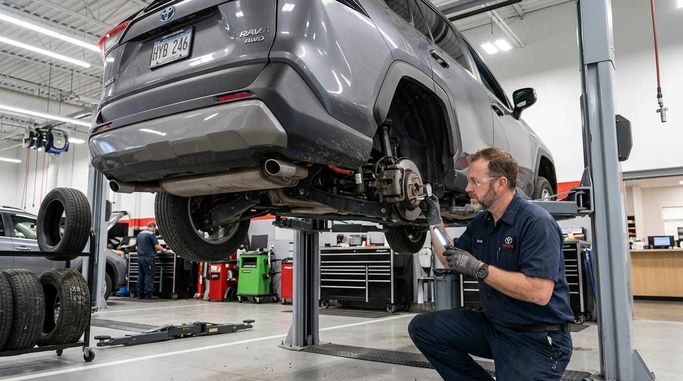 Mechanic inspecting a fuel-efficient used AWD SUV before purchase