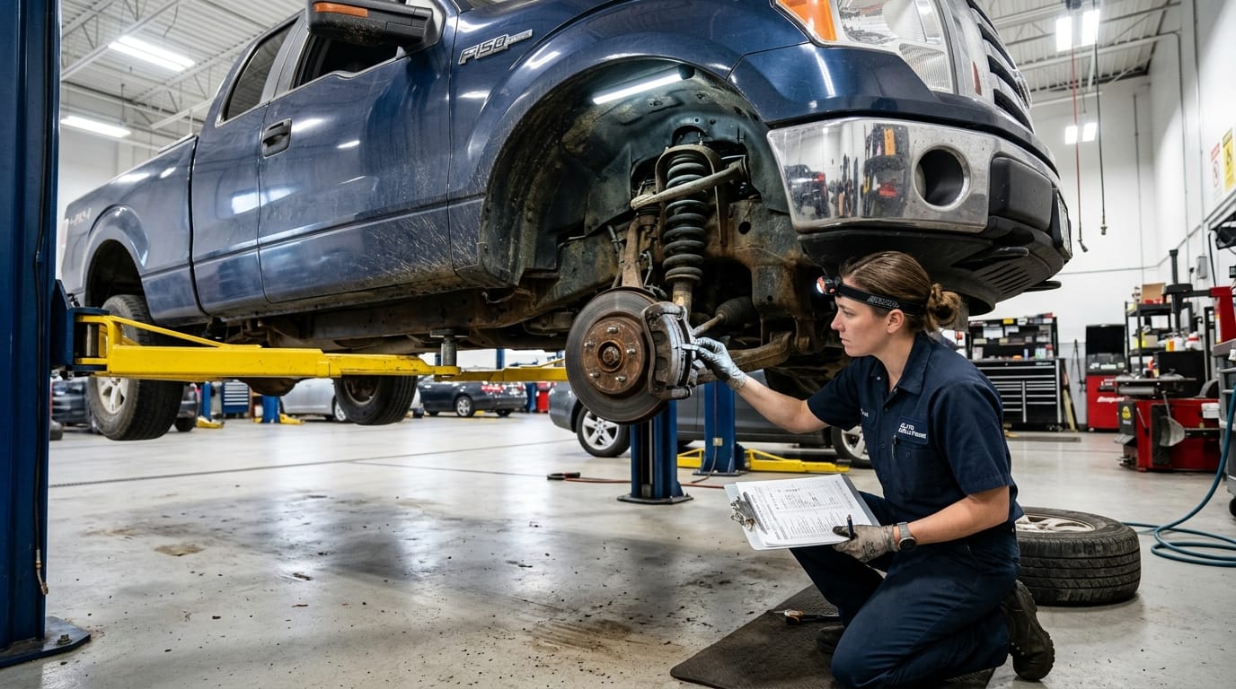 Mechanic inspecting a used truck before purchase in Puyallup