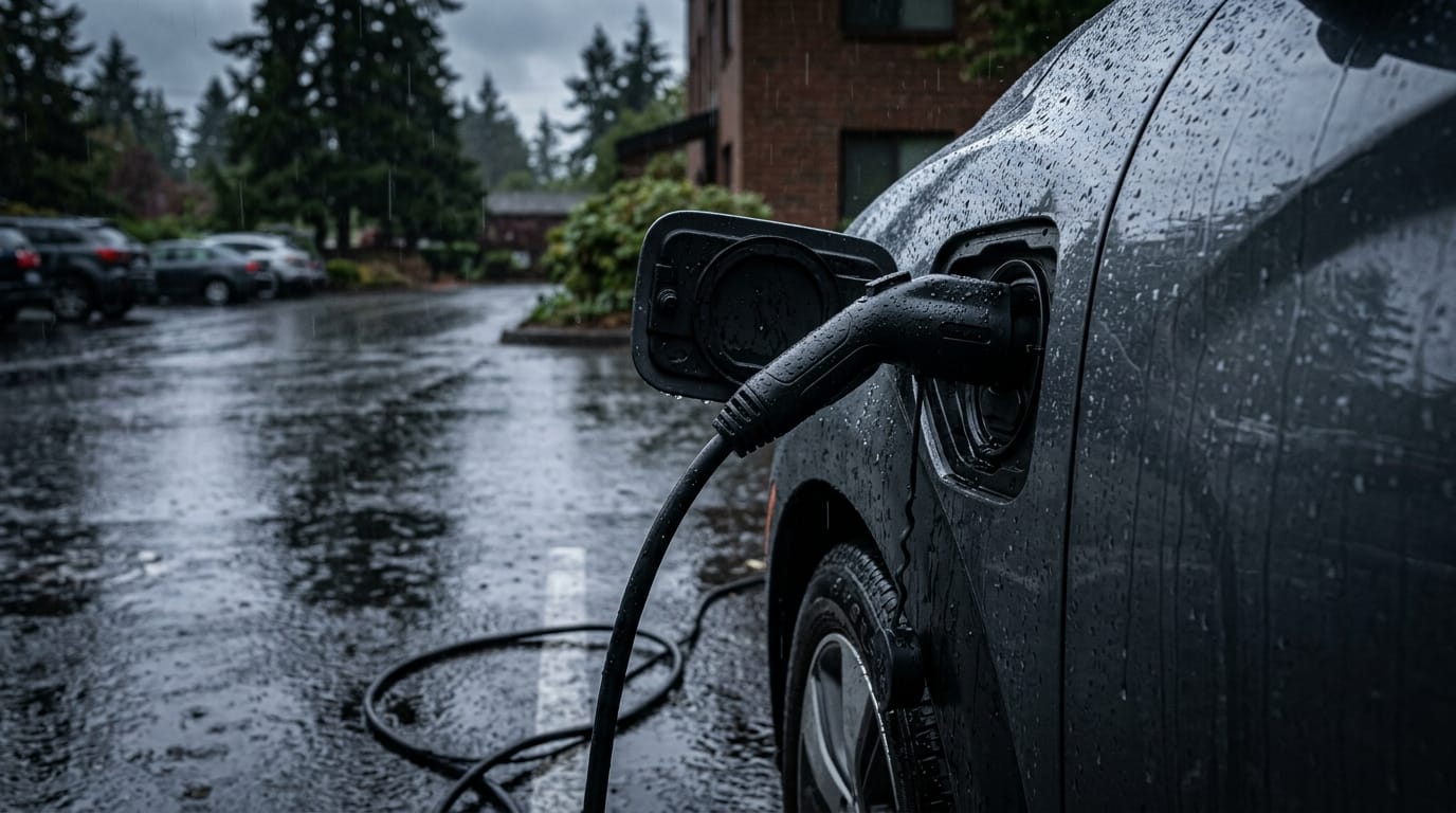 Used plug-in hybrid charging port during vehicle inspection