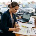 Person reviewing used car refinancing paperwork at a dealership desk