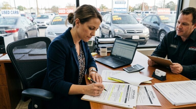 Person reviewing used car refinancing paperwork at a dealership desk