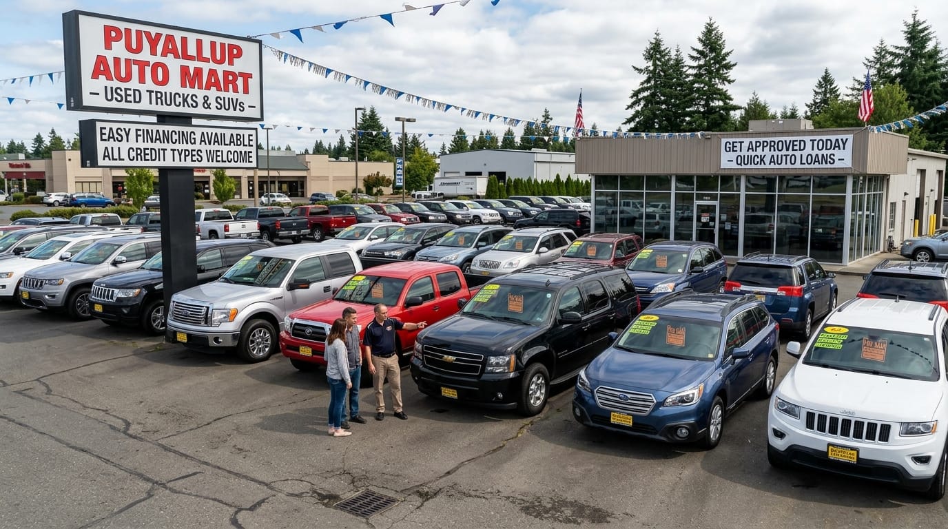 Used SUV and truck on dealership lot for Puyallup auto financing decisions