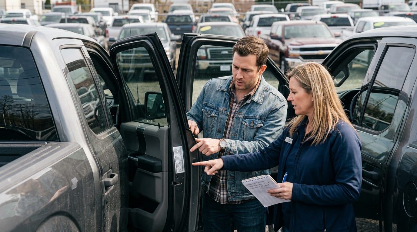 Buyer checking towing ratings before financing a used truck