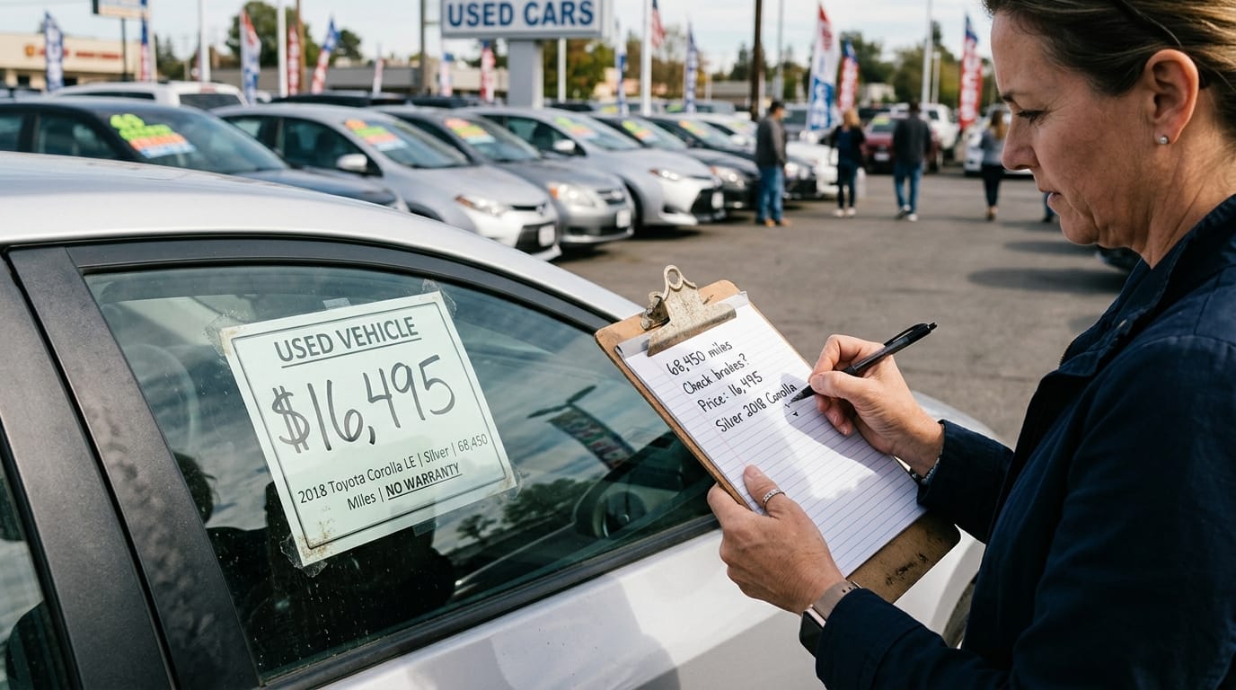 Buyer reviewing price and details for an affordable used car
