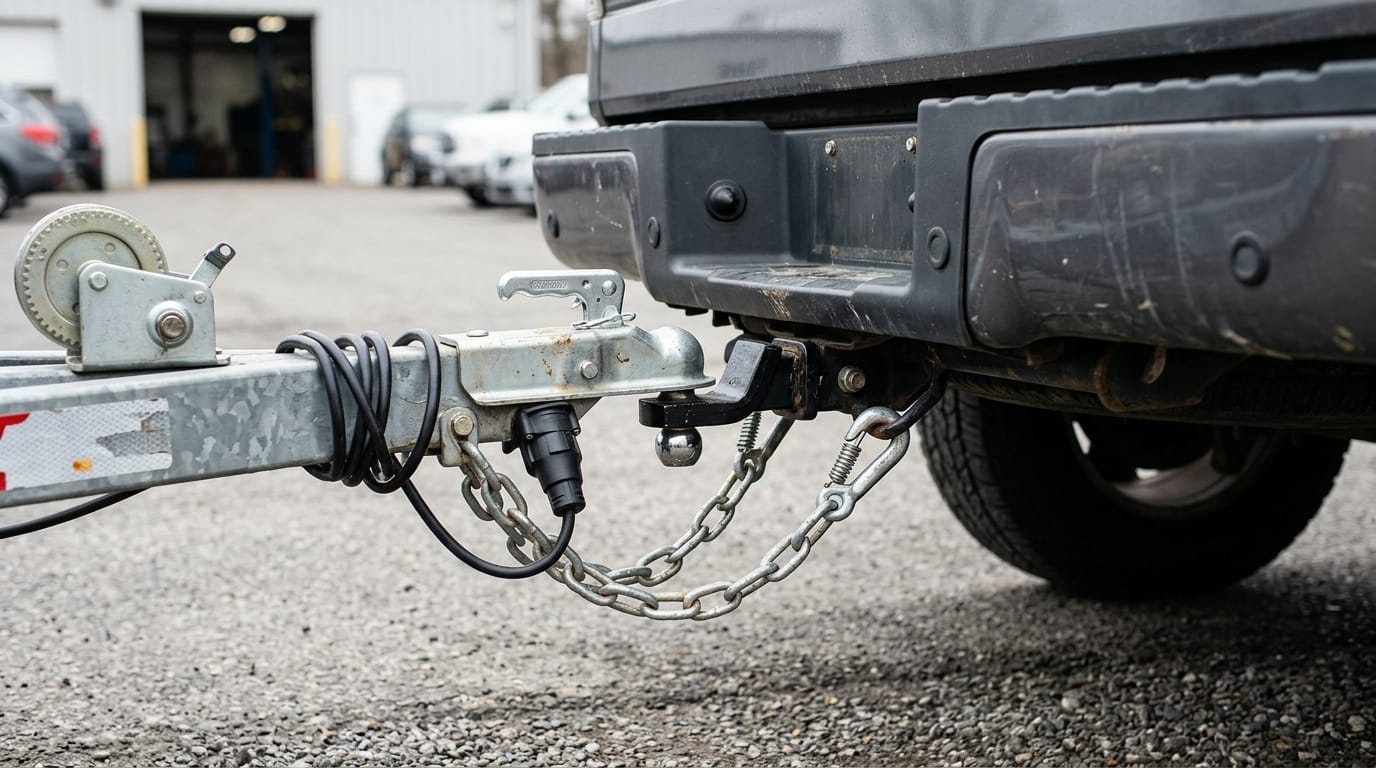 Pickup truck hitch setup with safety chains and trailer wiring