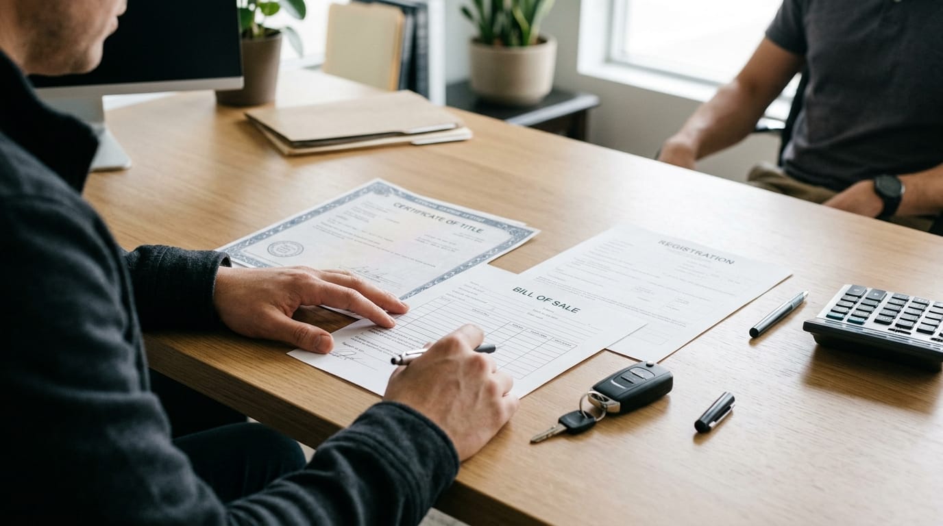 Washington car buyer reviewing vehicle title transfer and registration paperwork after an out-of-state purchase
