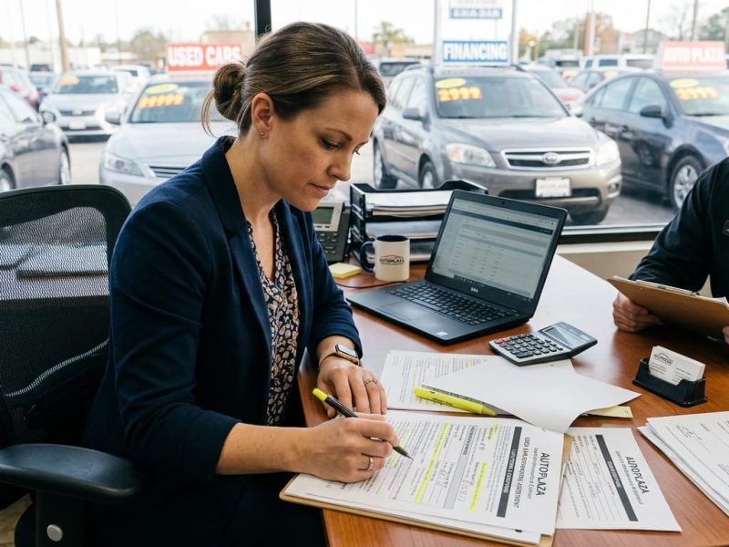 Person reviewing used car refinancing paperwork at a dealership desk